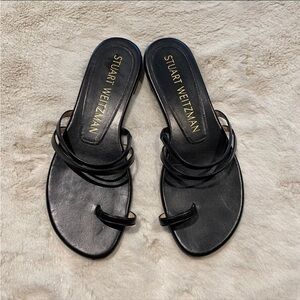 (6.5) Stuart Weitzman Leonita Black Smooth Calf Leather Slip-on Slide Sandals